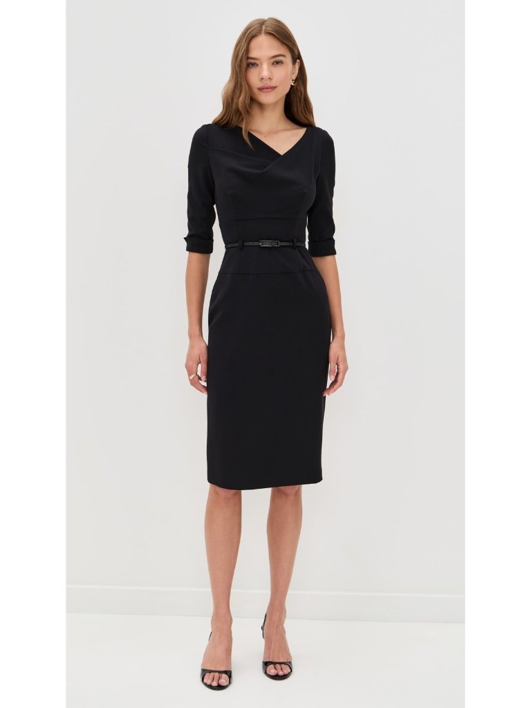 Nwt Black Halo 3/4 Sleeve Jackie O In Black Stretch Belted Sheath Dress 6